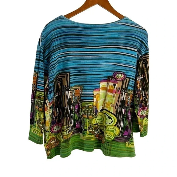 Take Two Abstract Townscape Blouse 1X Beaded Sequins Colorful Stripe 100% Cotton - Picture 2 of 9